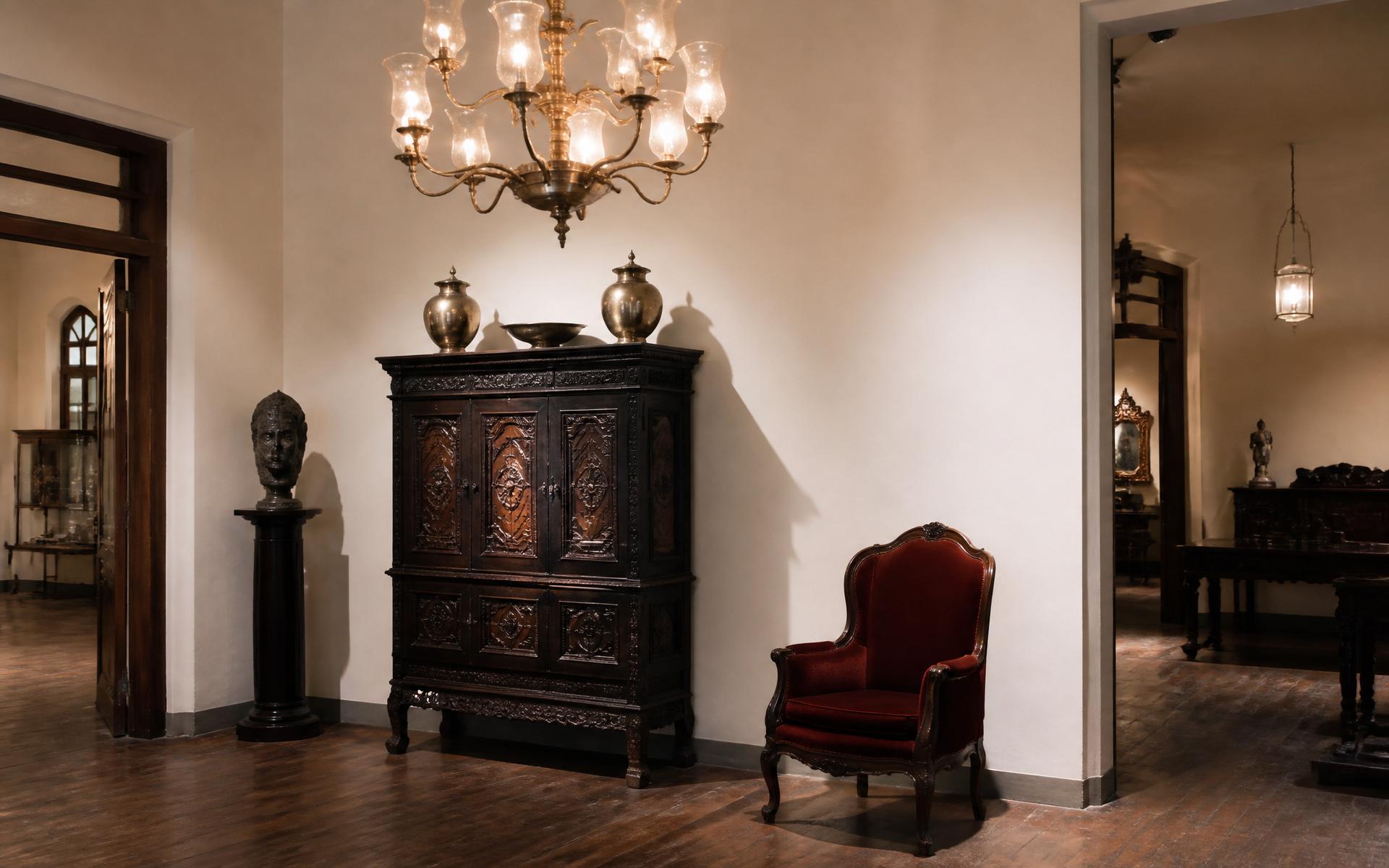 Vinterior showroom in Mumbai with antique cabinet, chandelier and vintage armchair