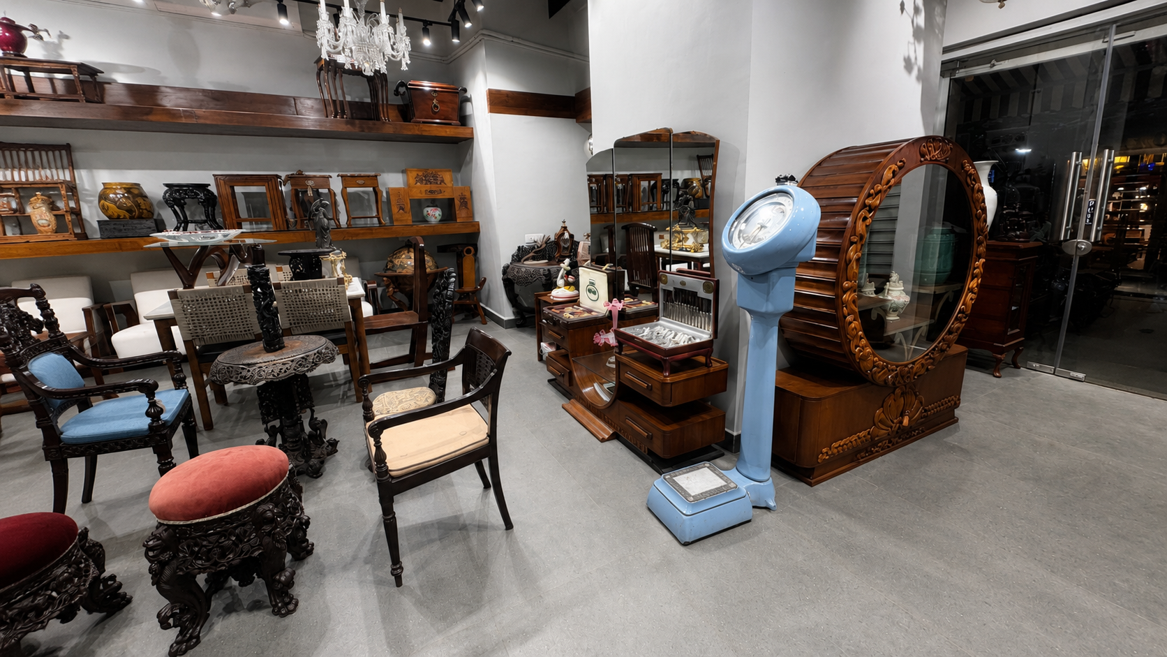 Vinterior gallery — antique dressing mirror, vintage weighing scale and heritage cabinet